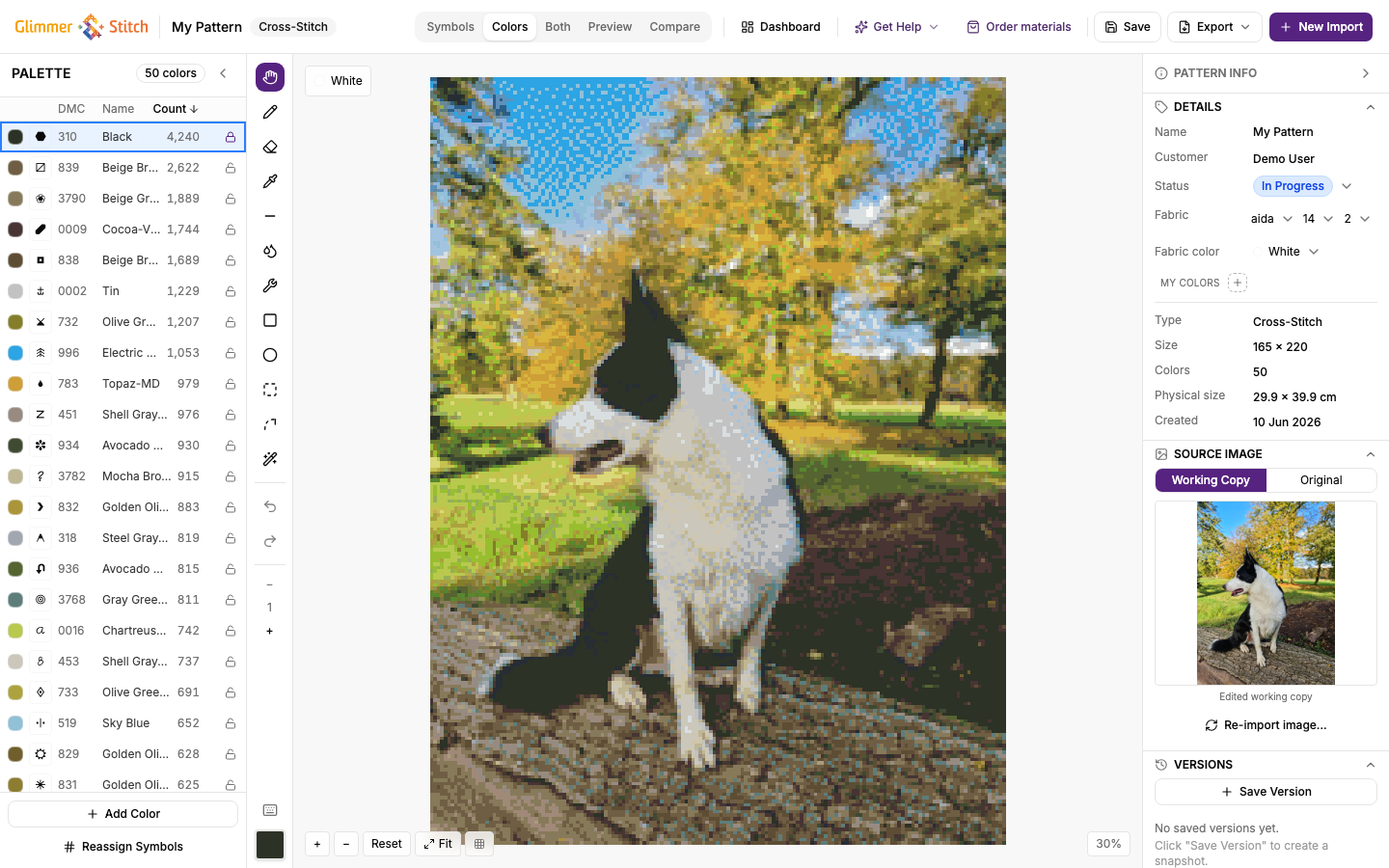 Editor view showing the pattern canvas, palette panel, and toolbar