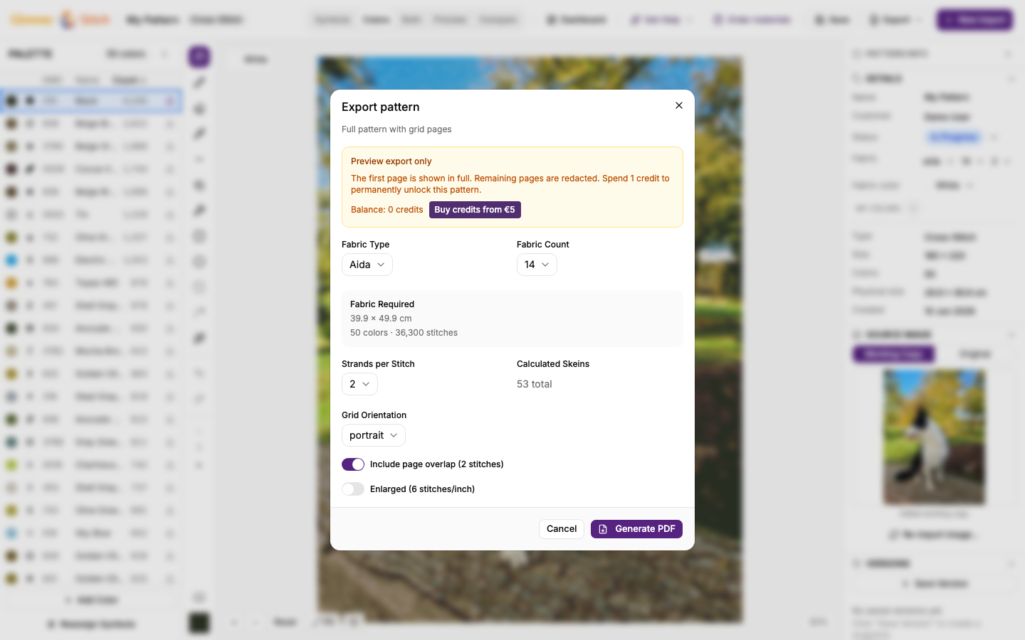 Pattern PDF export dialog showing layout, language, and fabric options