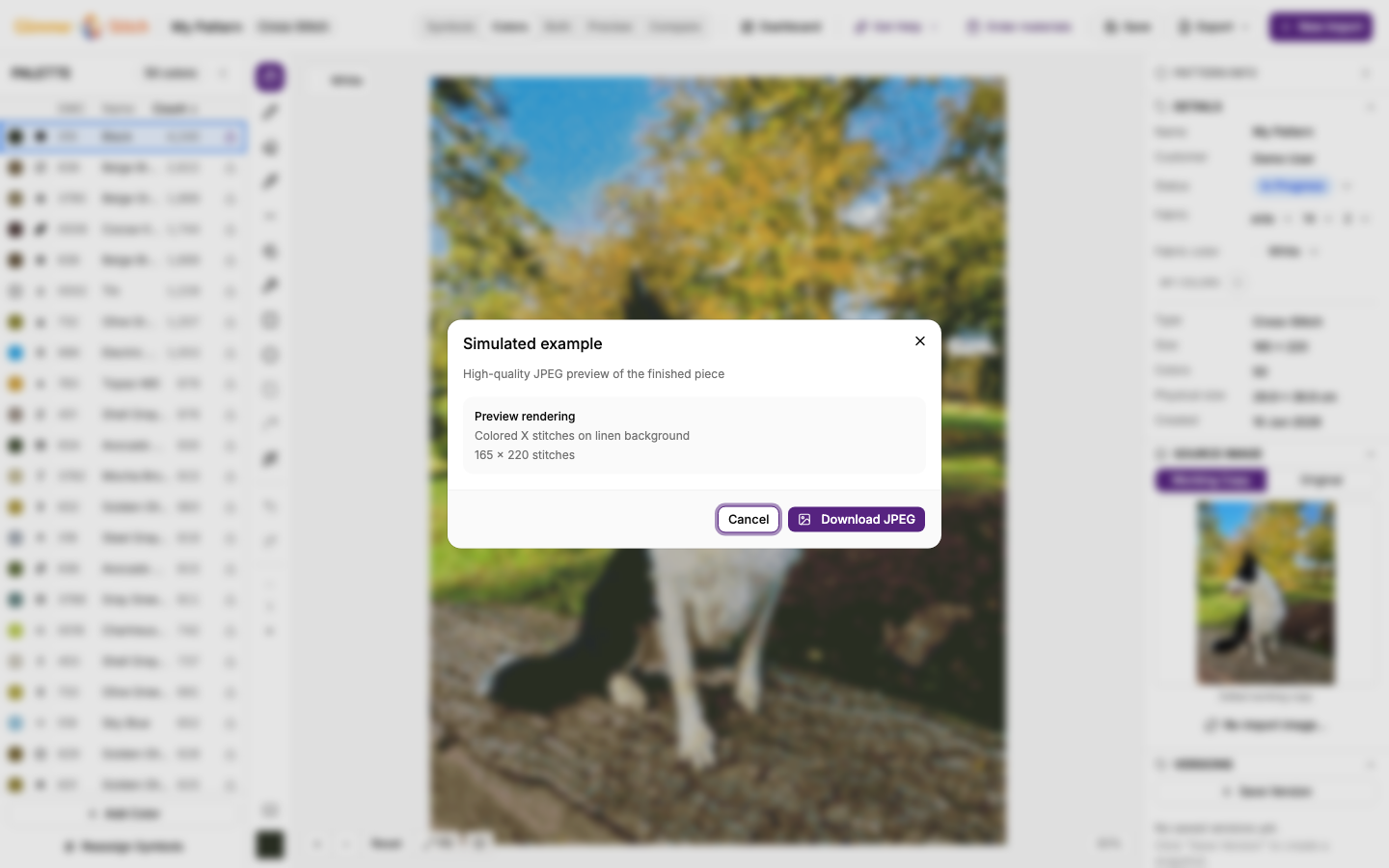Simulation export dialog showing realistic stitch preview output