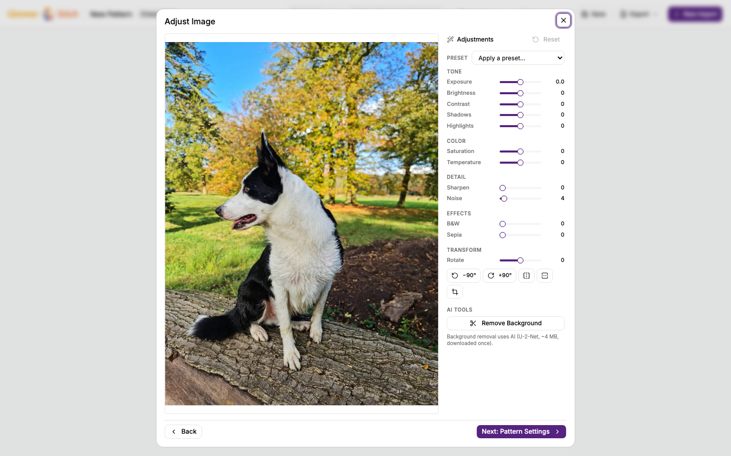Image adjustment panel with crop, brightness, and background removal controls